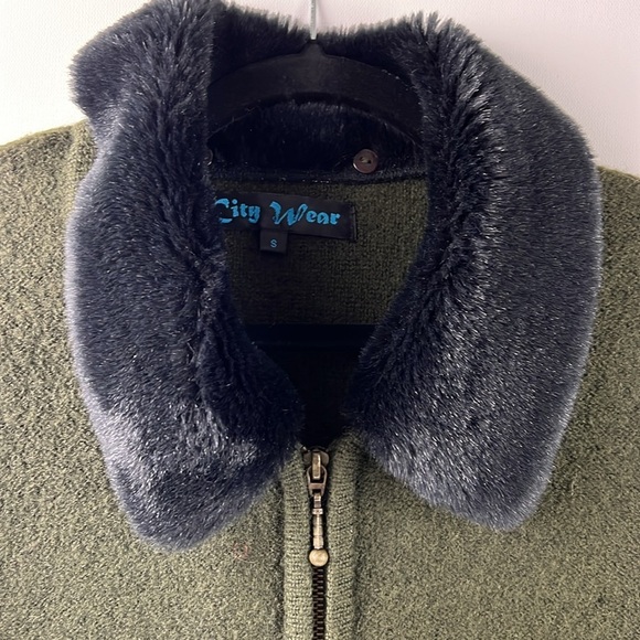 City  Wear Boiled Wool Green Full Zipper Cardigan - Picture 5 of 10